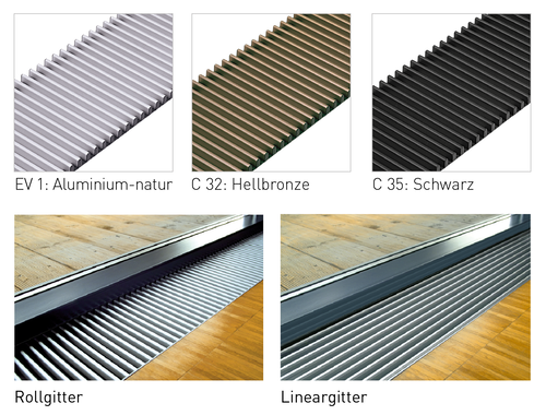 Die Gitter der Variotherm Bodenkanalheizungen gibt es in 3 verschiedenen Farben und 2 unterschiedlichen Ausführungen.