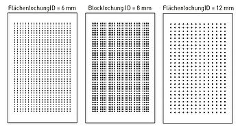 Die Gipsfaserplatten gibt es mit zwei verschiedenen Lochbildern: 8 mm Blocklochung oder 6 bzw. 12 mm Flächenlochung