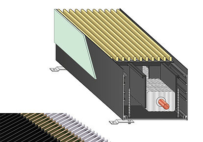 Variotherm Bodenkanalheizungen werden vor Glastüren und großen Glasflächen im Boden versenkt. Dort bauen sie einen Warmluftschleier entlang der kalten Glasflächen auf.