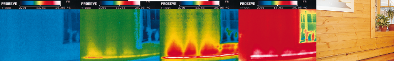 Diese Infrarotbilder belegen die rasche Wirkung unserer Heizleisten. Binnen weniger Minuten wird ein Warmluftschleier aufgebaut. Er blockt die Kälte ab und erwärmt die Wand.